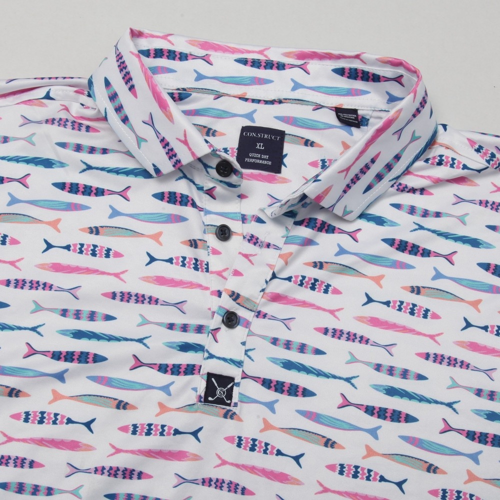 CON.STRUCT Men's XL White Fish Pattern Performance Polo Shirt Quick Dry Stretch